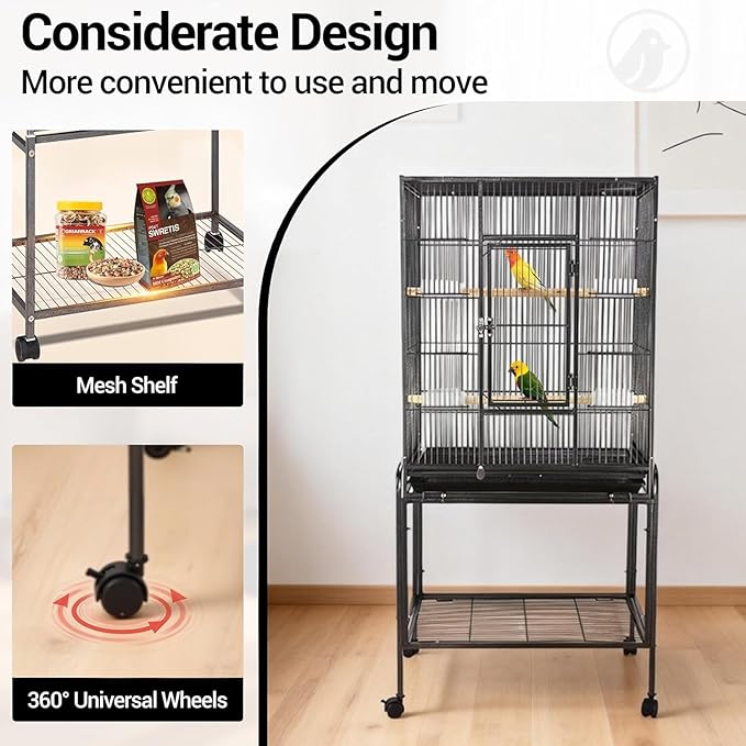 53 Inch Bird Cage with Wooden Perches, Standing Wrought Iron Birdcage with Wheels, Large Parrot Cage Bird Cages with Slide-Out Tray Water Bottle Feeder for Parakeets,Cockatiel, Canary,Pigeons