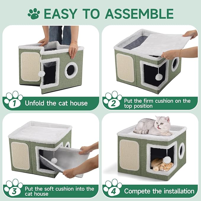Shikha Cat Beds for Indoor Cats, Large Cat Cave with Cozy Condo, Fluffy Ball, Round Window, Foldable Indoor Cat House Hold Up to 30LBS, Cat Hideaway with Reversible Cushions for All Seasons, Green