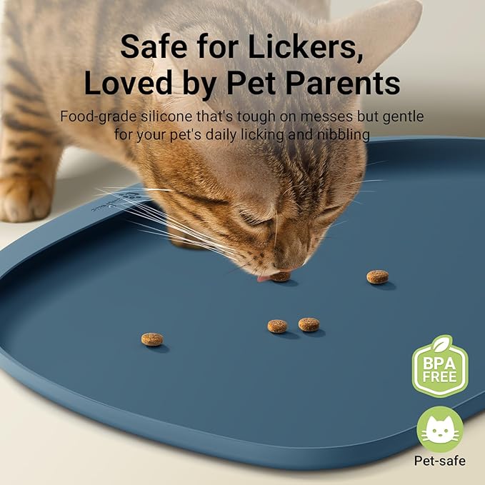 DownyPaws Cat Food Mats for Floors Waterproof, BPA Free Silicone Pet Feeding Mat, Non-Slip Pet Food Mat with High Raised Edge, Cat Placemat for Messy Drinkers, 18"×12.5", Ocean