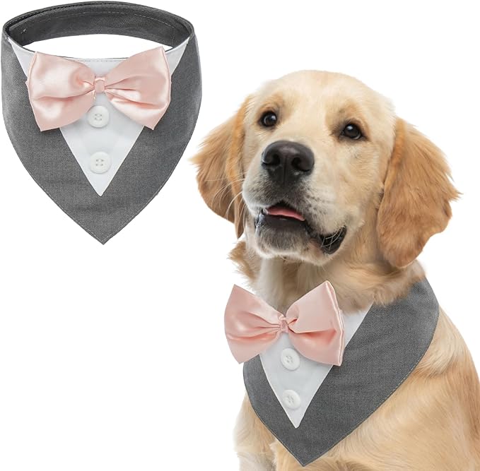 FUAMEY Dog Tuxedo for Large Dogs,Dog Formal Suit Dogs Attire Pet Bow Tie Puppy Party Costumes Cat Tux Outfits Pets Bandana Cosplay Adjustable Bowties Wedding Birthday Valentines Grey XL