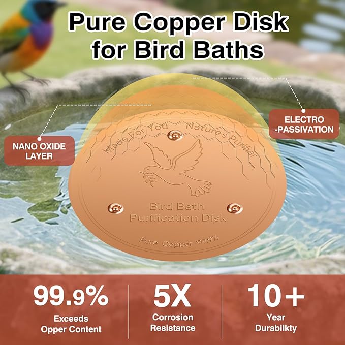 Bird Bath Copper Disc- Reinforced 99.99% Pure Copper Bird Bath Purification Basin with Three-Point Support Providing Physically Safe Clean Water Suitable for Outdoor Bird Baths