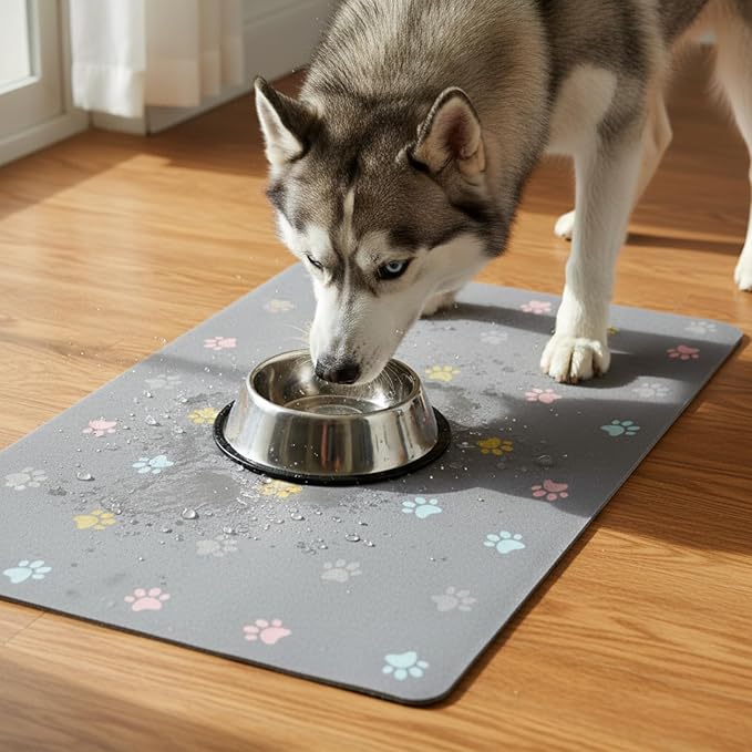 Pet Feeding Mat Absorbent Dog Mat for Food and Water Non Slip Quick Dry Dog Bowl Mats for Floors 27" X 17" Paw Light Gray