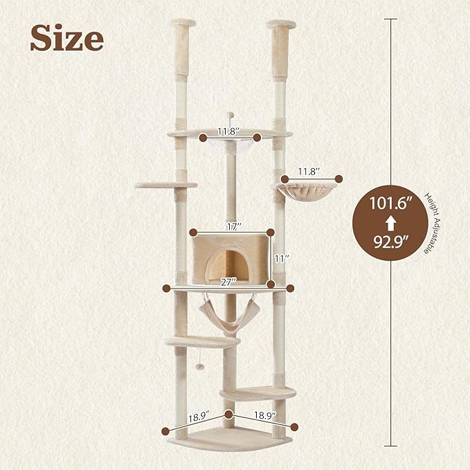 PETEPELA Floor to Ceiling Cat Tree, 92.9''-101.6''Height Adjustable Cat Tower Tall Cat Climbing Play House, Cozy Condo, Scratching Post and Spacious Hammock for Indoor Cats Large Adult, Beige