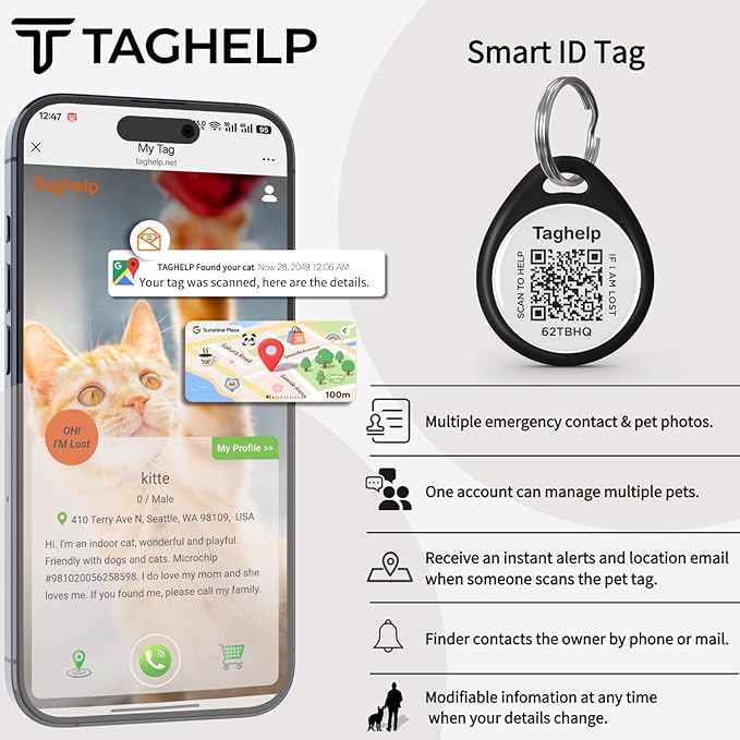 QR Code Cat ID Tag for Collar, Smart Pet ID with Free Online Profile, Instant Scan to Contact Owner, Silent Anti-Lost Cat Tag, No App or Subscription, Black 1”