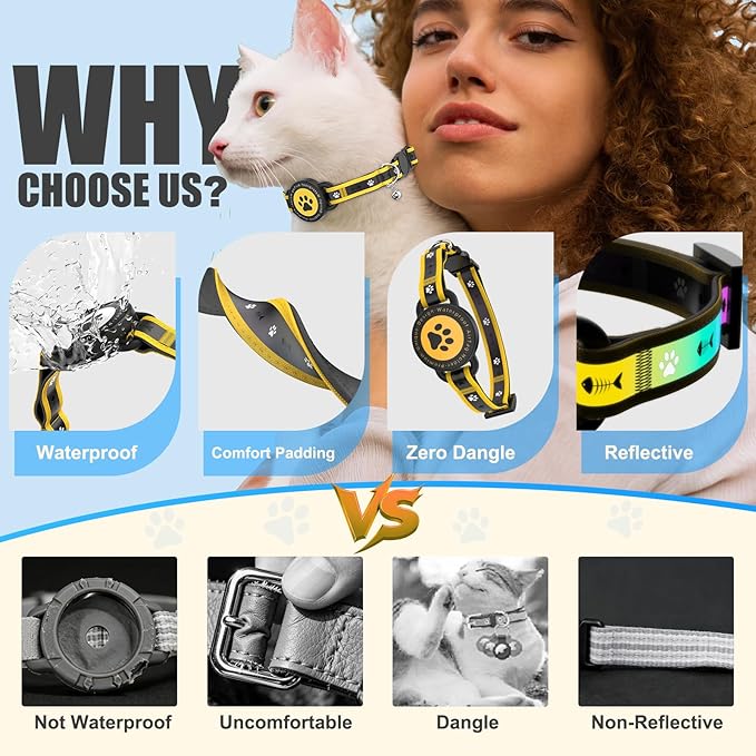 Airtag Cat Collar Breakaway, Reflective Cat Collar with AirTag Holder and Bell, Compatible with Apple Air Tag, Comfortable Padding, Adjustable, Durable (Yellow, XS)