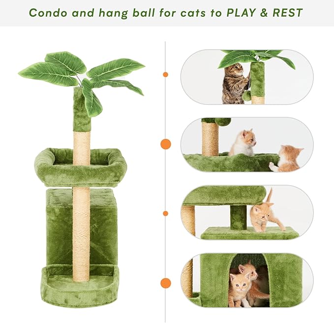31.5in Multi-Level Cat Tower with Sisal Scratching Posts, Hidden Cave & Perch Platform, Large Cat Condo for 1-3 Cats, Eco-Friendly Pet Furniture with Realistic Leaves, Green