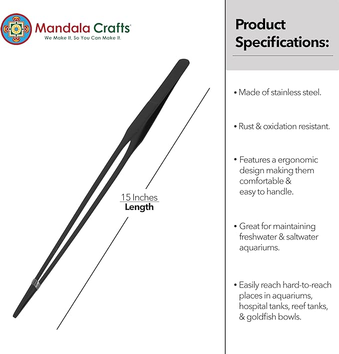 Mandala Crafts 15 Inches Black Stainless Steel Straight Aquarium Tweezers for Aquatic Plants – Long Aquascape Forceps for Fish Tanks, Hospital Tanks, Goldfish Bowls, and Terrariums