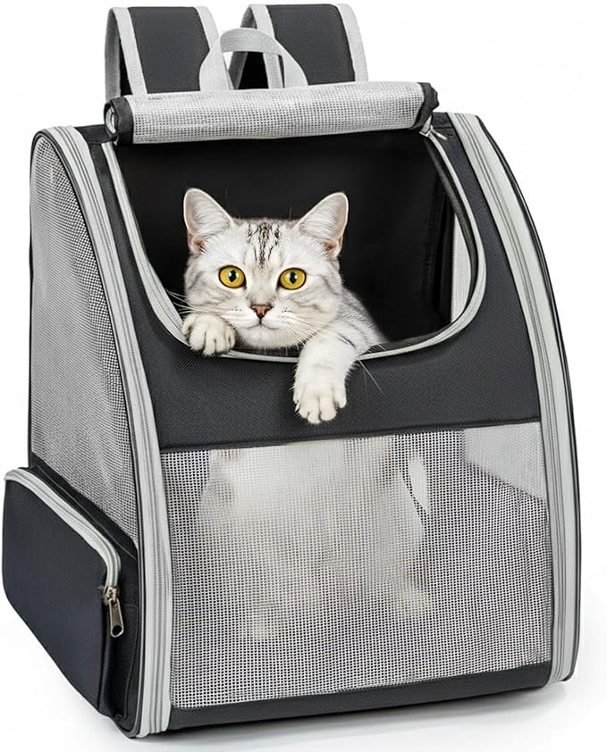 Cat Backpack Carrier for Small Dogs and Cats Fit Up to 15 Lbs,Small Dog Backpack, Foldable with 3-Side Mesh Windows, Pet Carrier for Travel & Hiking Friendly，Gray