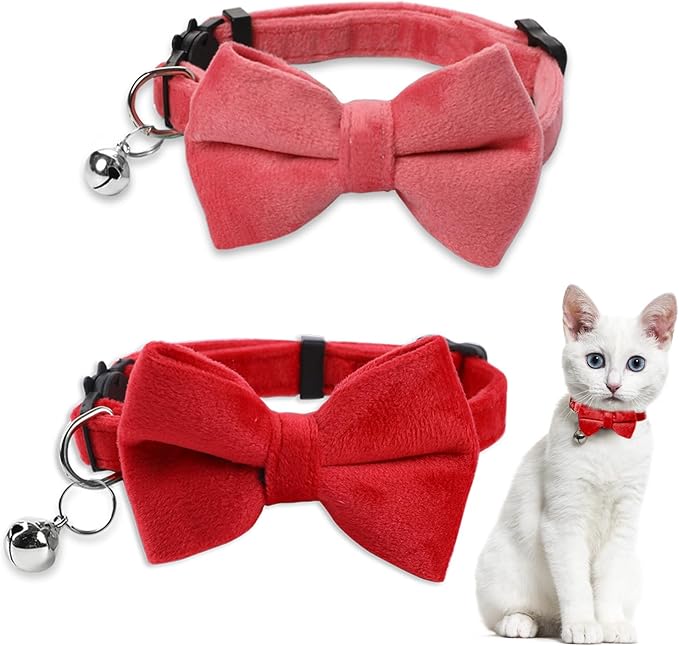 Sliverdew 2 Pcs Safety Cat Collar with Bell Breakaway Bow Tie Cat Collar Adjustable Velvet Kitten Collars Small Puppy Bowtie Collar for Wedding Birthday Party