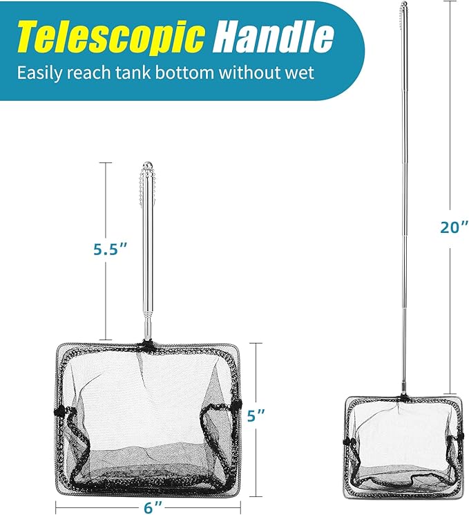 AQUANEAT Aquarium Net with Extendable Long Handle, Adjustable Wastes Skimming Cleaning Tools for Fish Tanks, 6 inch