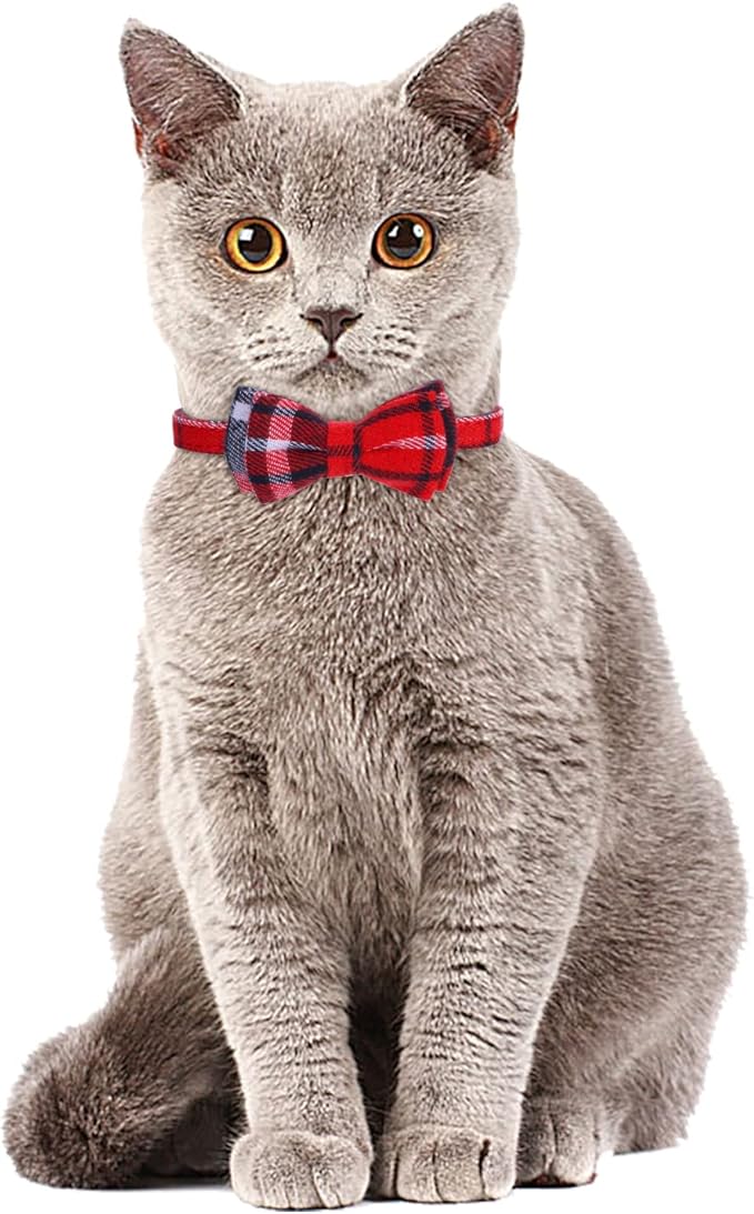 Faleela 2 Pack/Set Cat Collar with Cute Bow Tie and Bell,Breakaway Plaid Shirt Collar for Kitty Adjustable Safety