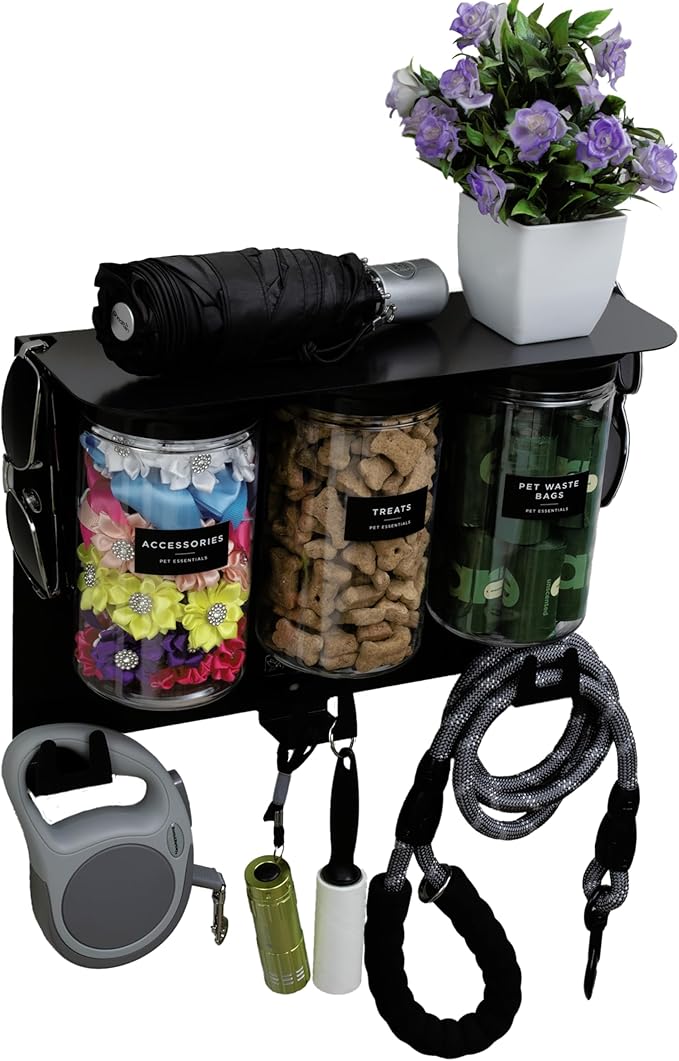 Dog Treat Holder For Wall Storage For Pets, Premium Pet Wall Organizer, Includes Three 32oz Airtight Dog Treat Jars, 3 Sets of Triple Hooks, Sturdy Shelf in Modern Black