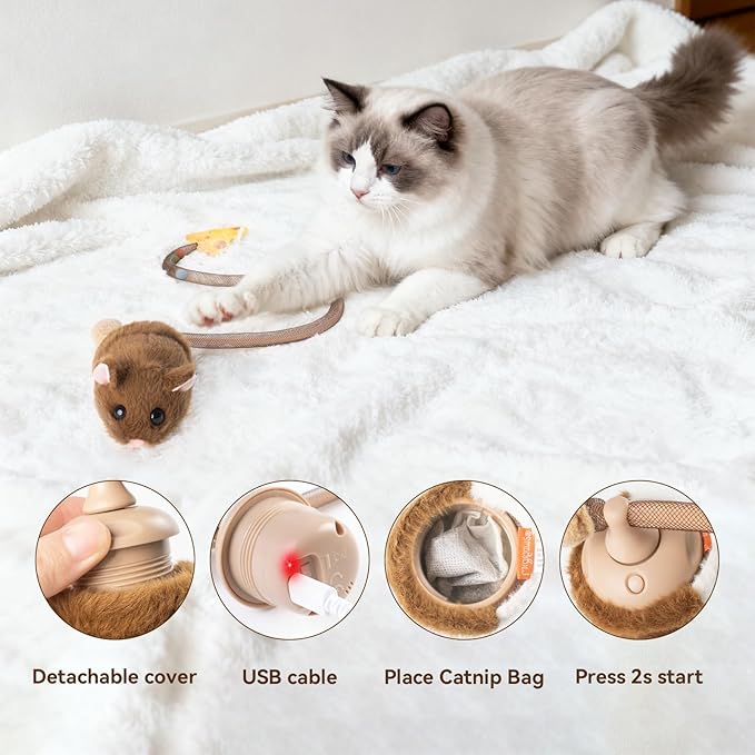 Migipaws Interactive MigiMouse Cat Toy 360° Rolling & Spin with Wiggling Tail for Indoor Cats Smart Motion Sensor, Realistic Squeak, Rechargeable Plush Kitten Toy (Brown)