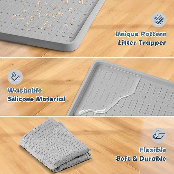 47" x 35" Silicone Cat Food Mat, Waterproof Pet Feeding Mat with Raised Edge, Extra Large Cat Bowl Mat Water Bowl Placemats for Cats, Non-Slip, Protects Floors, Easy to Clean (Light Gray)