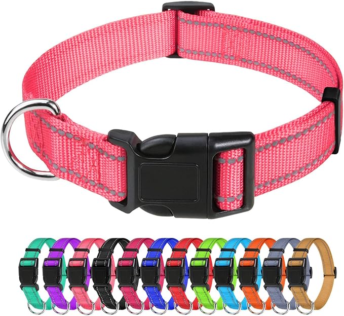 TagME Reflective Nylon Dog Collars, Adjustable Classic Pet Collar with Quick Release Buckle for Extra Large Dogs, Baby Pink, 1¼" Width