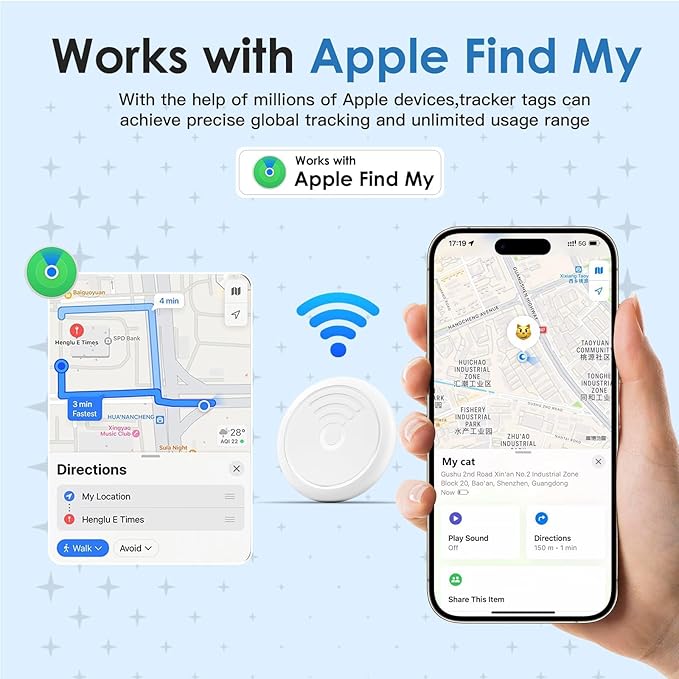Cat Tracker Collar,No Monthly Fee Tracking Pet Collar with Finder Tag,Compatible with Apple Find My(iOS Only),Breakaway Tractive Design with Reflective Pattern & Bell