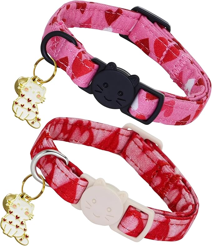 Valentine Cat Collar-2 Pack Collars Red and Pink Love-Heart Print Breakaway with Kitten and Bell Pendant Safety Buckle Adjustable Pet Collar for Cats Gift for Cats and Small Pets