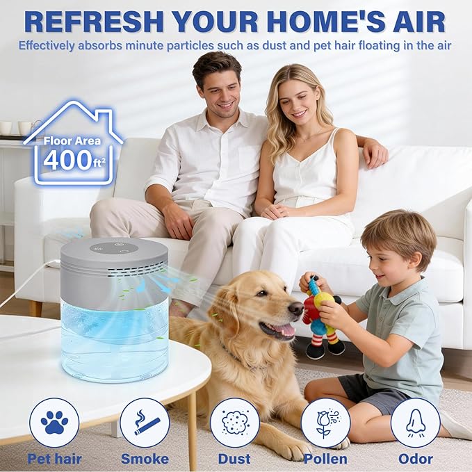 Water Air Purifier, Water Based Air Purifier for Home with 24H Auto Shut-off, 3 Speeds, Air Washer with 8 LED Night Lights, Air Freshener Revitalizer for Bedroom Office Room Pets Smoke