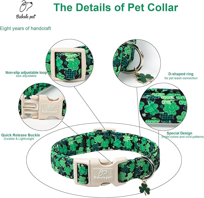 St Patricks Day Dog Collar for Medium Dogs - Green Lucky Clover Dog Collars, Lightweight Adjustable Irish Festival Shamrock Dogs Collars with Quick Release Buckle M
