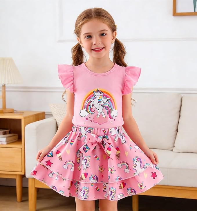 Girls Skirt Set 2 Piece Outfit Toddler Summer Clothes Ruffle Sleeve T-Shirt Bow Knot Tutu Skirt Outfit Set