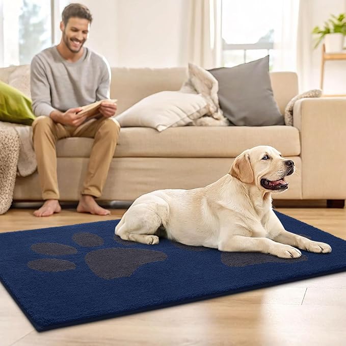 Buganda Dog Door Mat for Muddy Paws, Absorbent Dirt Trapper Washable Indoor Doormats, Non Slip Low-Profile Mud Mat for Dogs, Front Entrance Doormat for Inside Floor (36x24 Inches, Navy)