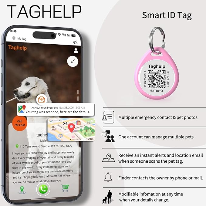 Smart QR Code Pet ID Tag for Dogs & Cats – Anti-Lost Collar Tag with Online Profile, Instant Email Alert on Scan, No Subscription Fees, No App Required (Pink, for Dog - 1.2")