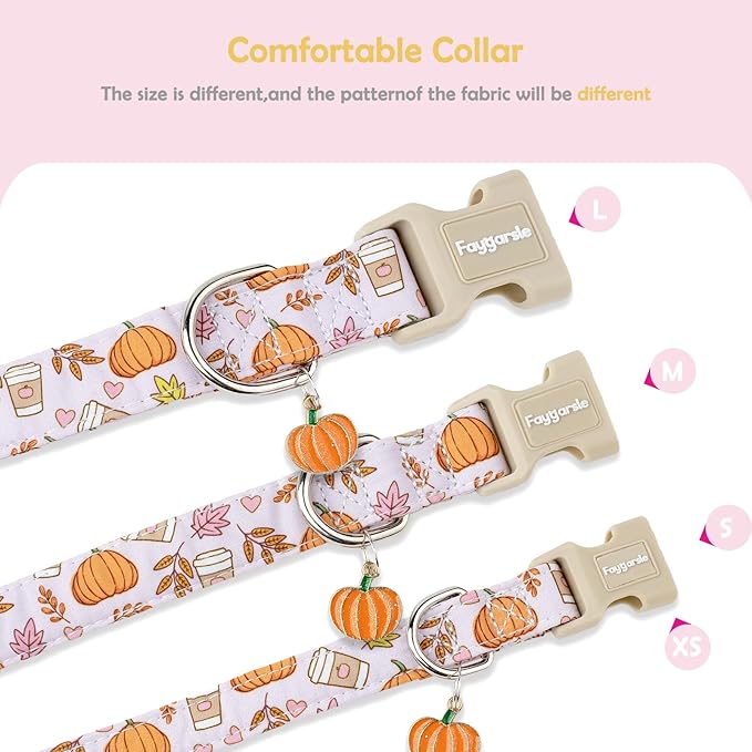 Faygarsle Fall Pumpkin and Leaves Pattern Dog Collar with Charm, Adjustable Pet Neckwear, Pink and Orange for Small Medium Large Dogs L