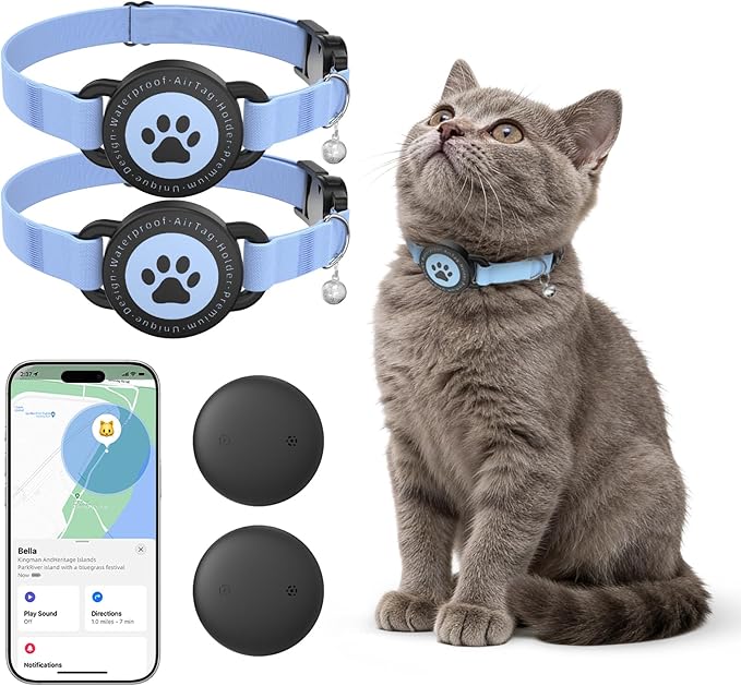 GPS Cat Tracker Collar(iOS & Android), Bluetooth Mini GPS Dog Tracker, Smart Pet Activity Tracker, No Monthly Fee, Work with Apple Find My & Google Find Hub, Finder Tag for Pets,Items M5 2P Blue