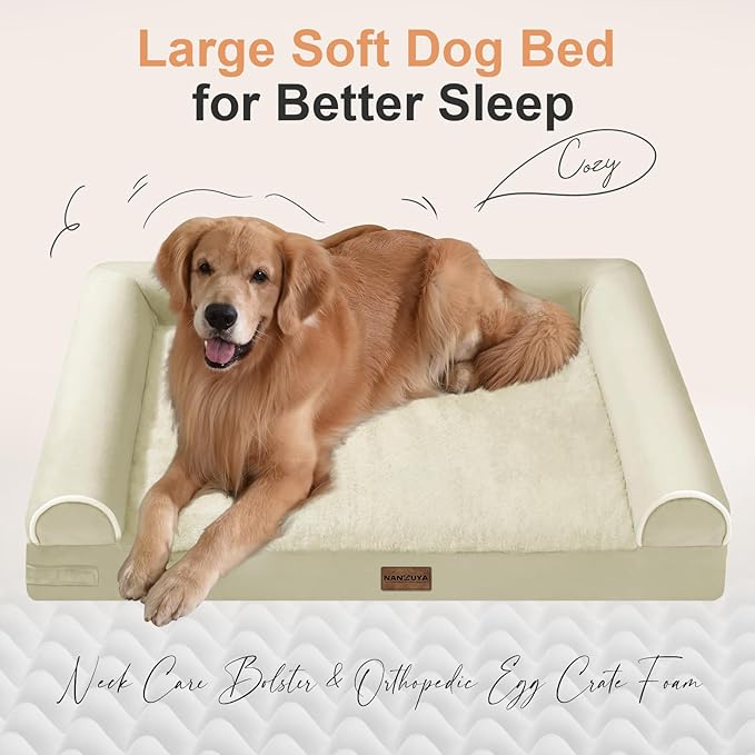 Large Dog Bed Orthopedic Washable: Extra Large Sized Beds for Jumbo Dogs Egg Crate Foam Sofa Couch Waterproof Removable Cover - Beige
