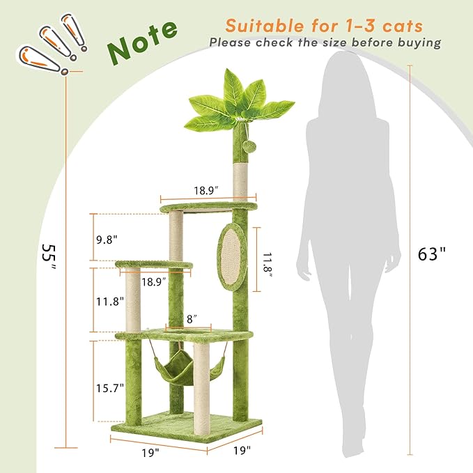 Cat Tree for Indoor Cats, 55 Inch Cat Tower with Rotating Scratching Board, 4 Sisal Posts & Leaf Top Design, Modern Cat Furniture for Multiple Cats (No House), Green