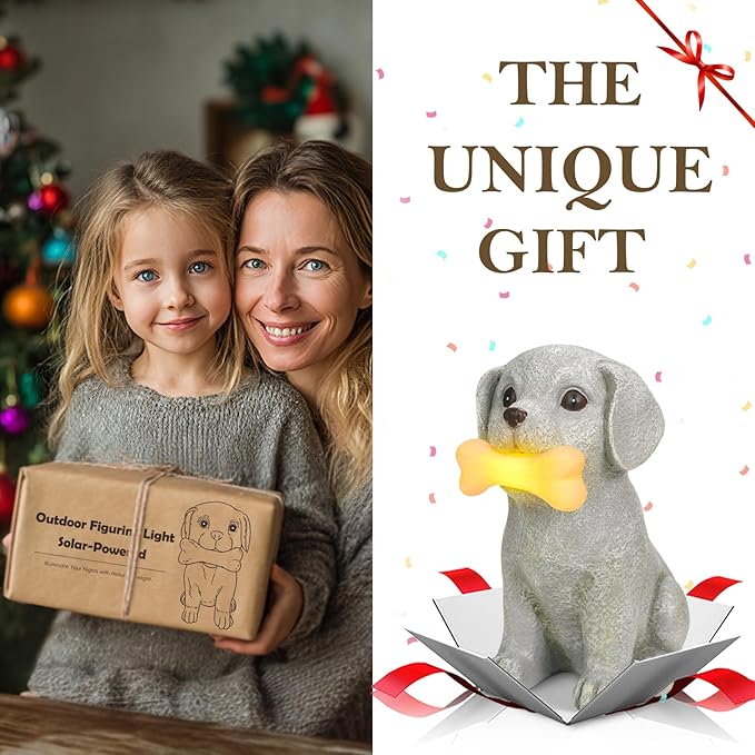Solar Dog Statue with Glowing Bone Light, Outdoor Puppy Figurine for Garden Yard Decor, Gift for Dog Lovers, Mom, Grandma, Perfect for Birthday, Housewarming, Pet Memorial