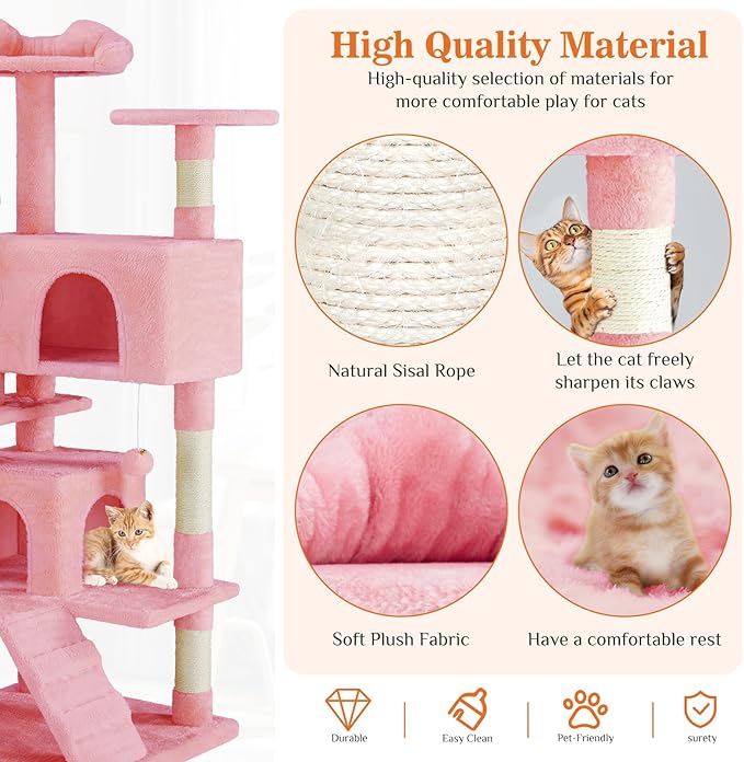 Sweetcrispy 54-Inch Cat Tree Tower – Multi-Level with Sisal Scratching Post, Perfect Pet Gift, Indoor Condo with Climbing Ladder, Plush Toy, and More Animal Stuff, Pink