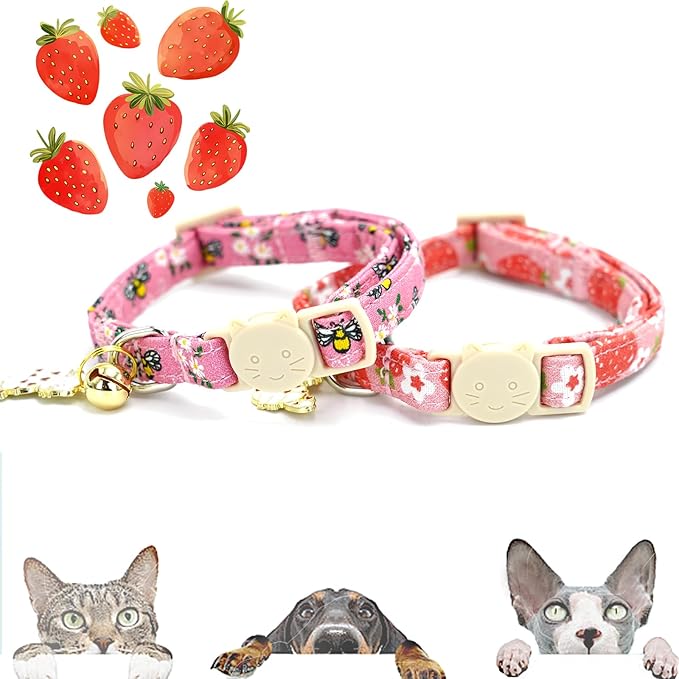 Elegant little tail 2 Pack Cat Collar-Pink Print Cotton Breakaway Cat Collars with Bell Pendant Kitten Boy Girl Safety Adjustable Collar for Small Cats Puppy