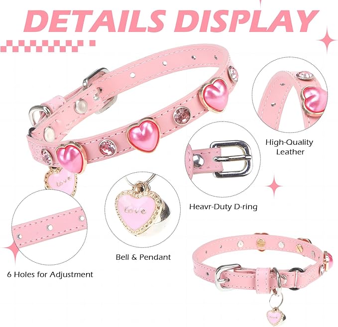 EXPAWLORER Valentine's Day Leather Cat Collar for Girl Boy- Adjustable Pet Collar with Safety Elastic Belt,Personalized Rhinestone Accessories Buckle Collars with Bell & Durable D-Ring,Heart (Pink)