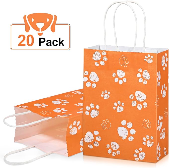 Blulu 20 Pcs Puppy Dog Paw Gift Bags with Paper Twist Handles, Dog Gift Paper Paw Treat Goodie Bags for PET Treat Party Favor, 6.3 x 3.1 x 8.6 Inch(Orange Backing)