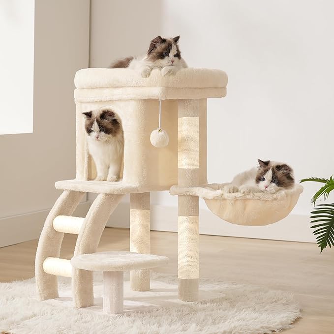 Heybly Cat Tree Tower, Cat condo for Indoor Kittens, Cat House with Wide Plush Top Perch, Ladder, Basket, Sisal-Covered Scratching Posts, Cozy Activity Center for pet, Beige HCT009SM