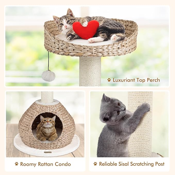 PETSITE 28-inch Modern Cat Tree, Small Cute Cat Tower Sisal Scratching Post, Hand-Made Wicker Condo and Top Perch, Interative Dangling Ball, Ideal for Indoor Cats
