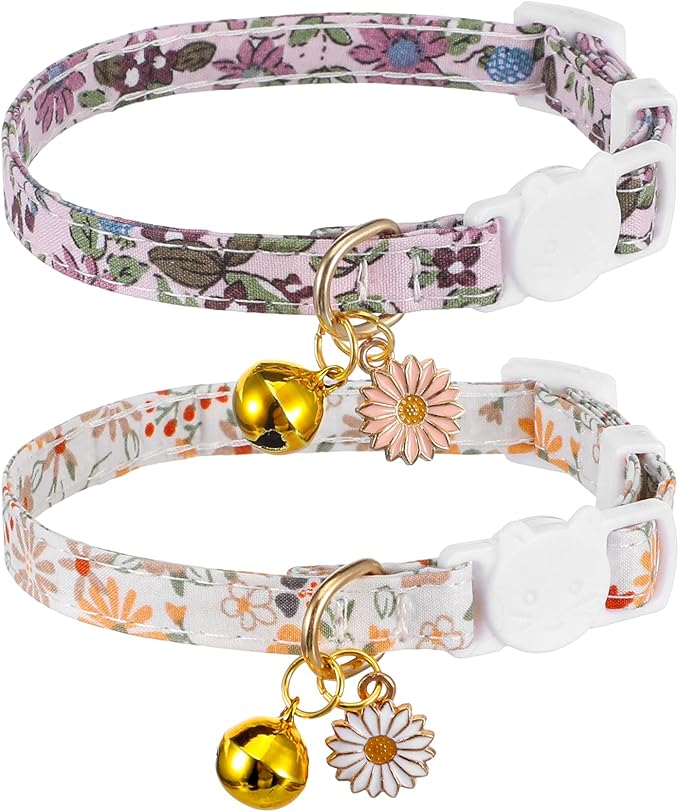 2 Pack Cotton Breakaway Cat Collars with Bell and Daisy Charm - Cute Kitten Cat Collar for Girl Cats and Boys, Adjustable Size 7.5-11 Inch