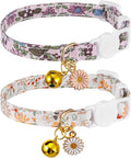 2 Pack Cotton Breakaway Cat Collars with Bell and Daisy Charm - Cute Kitten Cat Collar for Girl Cats and Boys, Adjustable Size 7.5-11 Inch