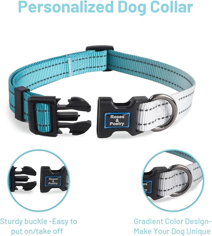 Roses&Poetry Small Dog Collar, Adjustable Personalized Durable Pet Collars for Small Medium Large Dogs (Teal-S)