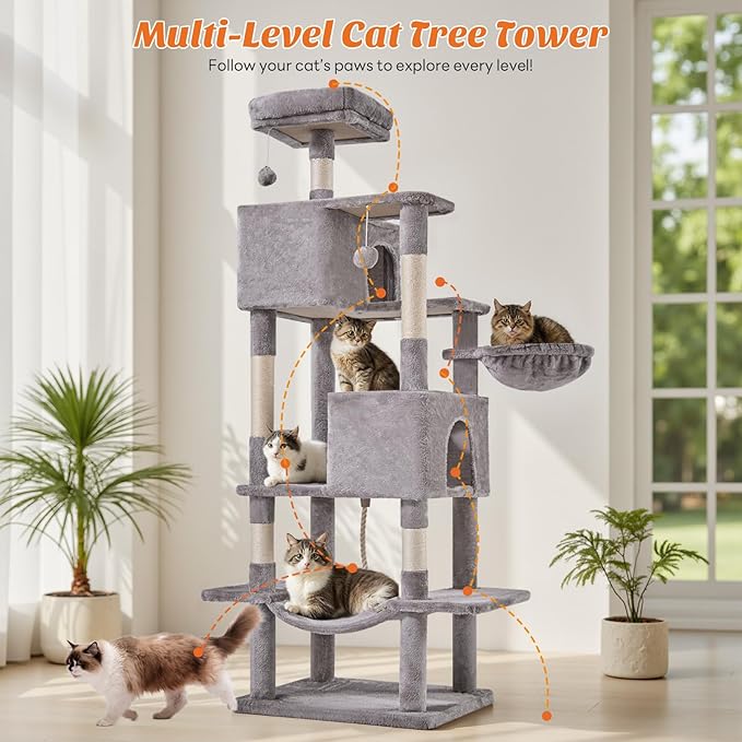 Large Cat Tree 66 Inch, Multi-Level Tall Cat Tree Tower with Condo, Perches, Sisal Scratching Posts and Hammock, Pet Play House with Dangling Balls for Indoor Cats, Light Grey