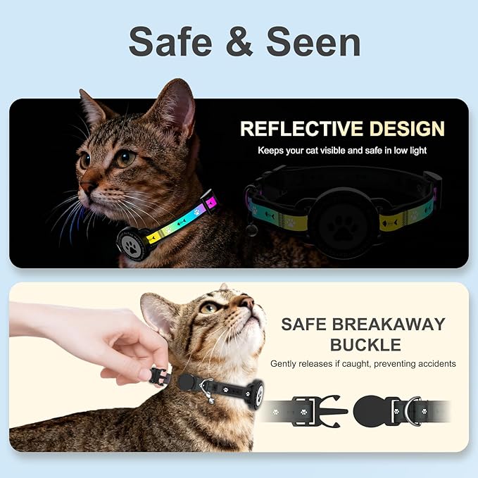Airtag Cat Collar Breakaway, Reflective Cat Collar with AirTag Holder and Bell, Compatible with Apple Air Tag, Comfortable Padding, Adjustable, Durable (Black, S)