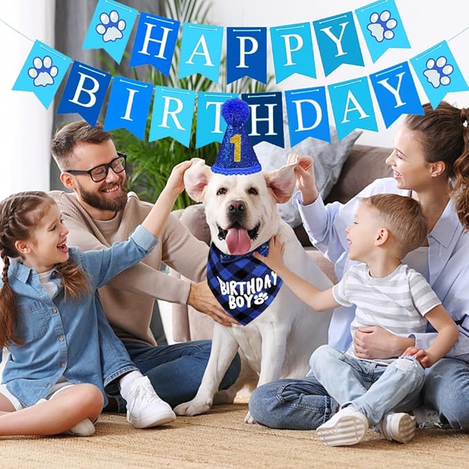 Dog Party Supplies, Boy Bandana With Hat Bow Tie Number, Cute Scarf and Happy Birthday Banner Set for Large Medium Small Dogs Pet (Blue)