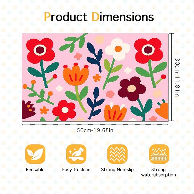 Pet Feedings Mats 20x12 inch Floral Print Pet Bowl Placemat Non Slip Mat for Cat and Dog Food and Water Indoor Pet Feeding Station Colorful Meal Mat for Small Pets Kitchen Floor Use