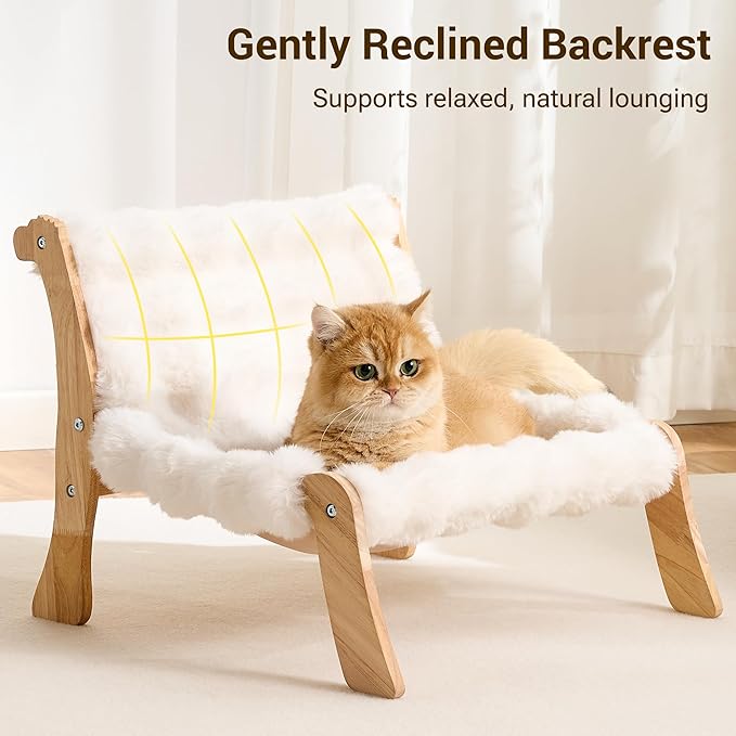 Solid Wood Cat Couch Bed for Indoor Cats, Modern Cat Sofa with Ultra-Soft Plush Surface Washable, Reclined Backrest, Elevated Elevated Cat Lounge Furniture for Small to Adult Pets, Ivory White