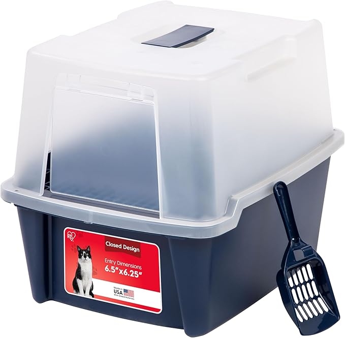 IRIS USA Cat Litter Box, Litter Box Enclosure with Scoop and Front Door Flap, Covered Kitty Litter Box for Privacy, Portable, Easy to Clean, Navy