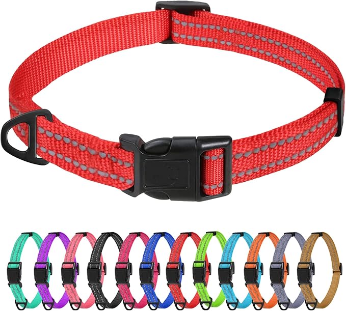 TagME Reflective Nylon Dog Collars, Adjustable Classic Pet Collar with Quick Release Buckle for Extra Small Dogs, Red 5/8" Width