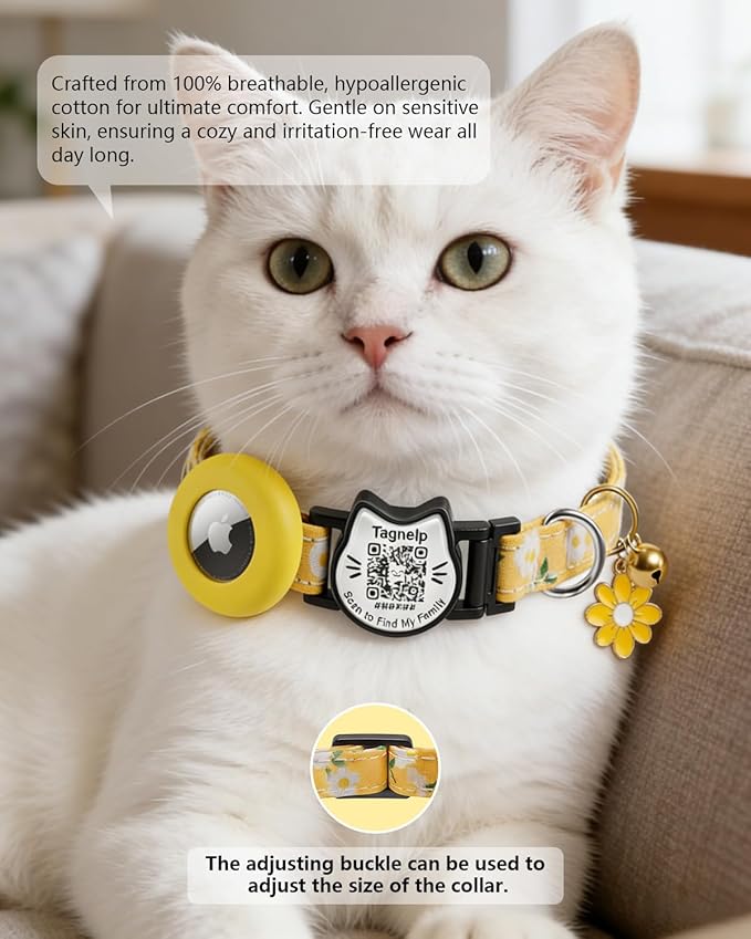 Breakaway Cat Collar with QR Code ID & AirTag Holder, Adjustable Cotton Kitten Collar with Bell, Cute Floral Safety Collar for Indoor & Outdoor Cats Pastoral Style with airtag Holder(Yellow)