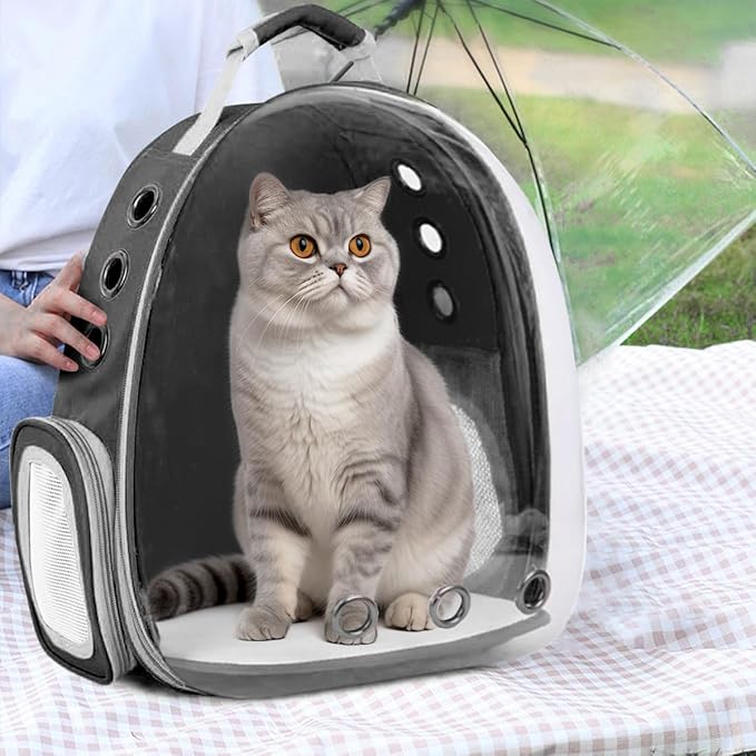 Cat Backpack Carrier Back Expandable Bubble Pet Carrier Backpack for Large Cat, Kitten and Dog, Designed for Hiking, Travelling and Outdoor Use (Back Expandable-Black)