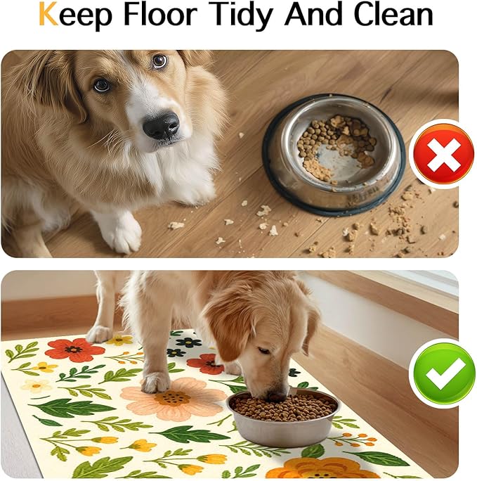 Trendy Flower Pattern Pet Feeding Mat Spill-Proof Feood Pad for Food and Water Bowls Non-Slip Placemat for Pet Areas Easy Clean Fast Dry Mat for Cats Kittens & Small Dogs 20" x 12"